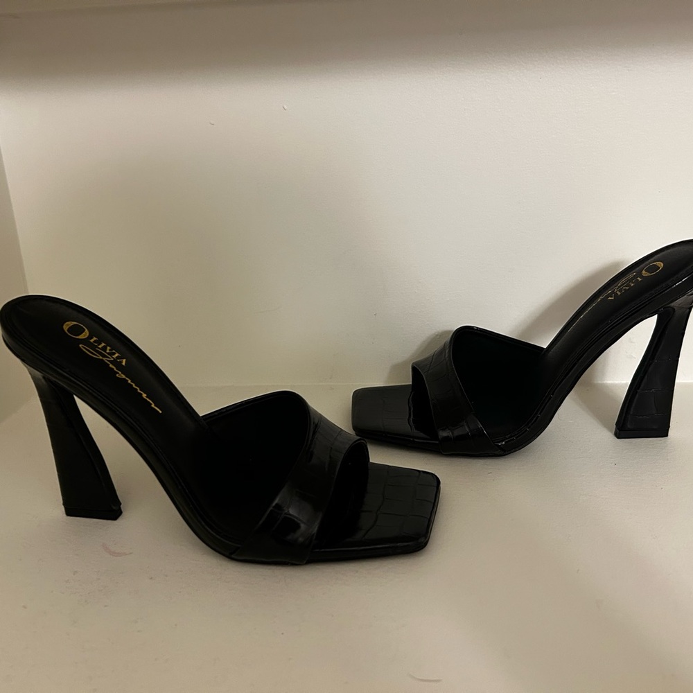 Black Croc-Embossed Heeled Sandals